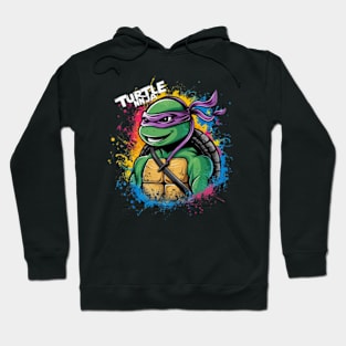 A striking and vibrant illustration of a ninja turtle, wearing a pair of sleek headphones Hoodie